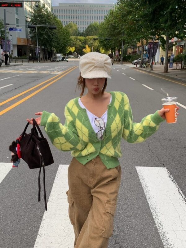 ❄️ MOM-學院風氣質菱格紋針織開衫