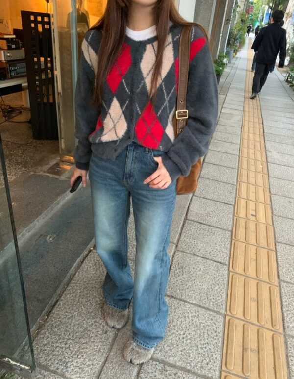 ❄️ MOM-學院風氣質菱格紋針織開衫